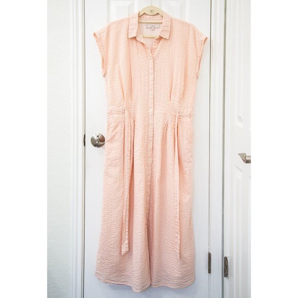Loft Pink Striped Seersucker Midi Pocket Shirtdress with Pockets, size 12 - Picture 2 of 10